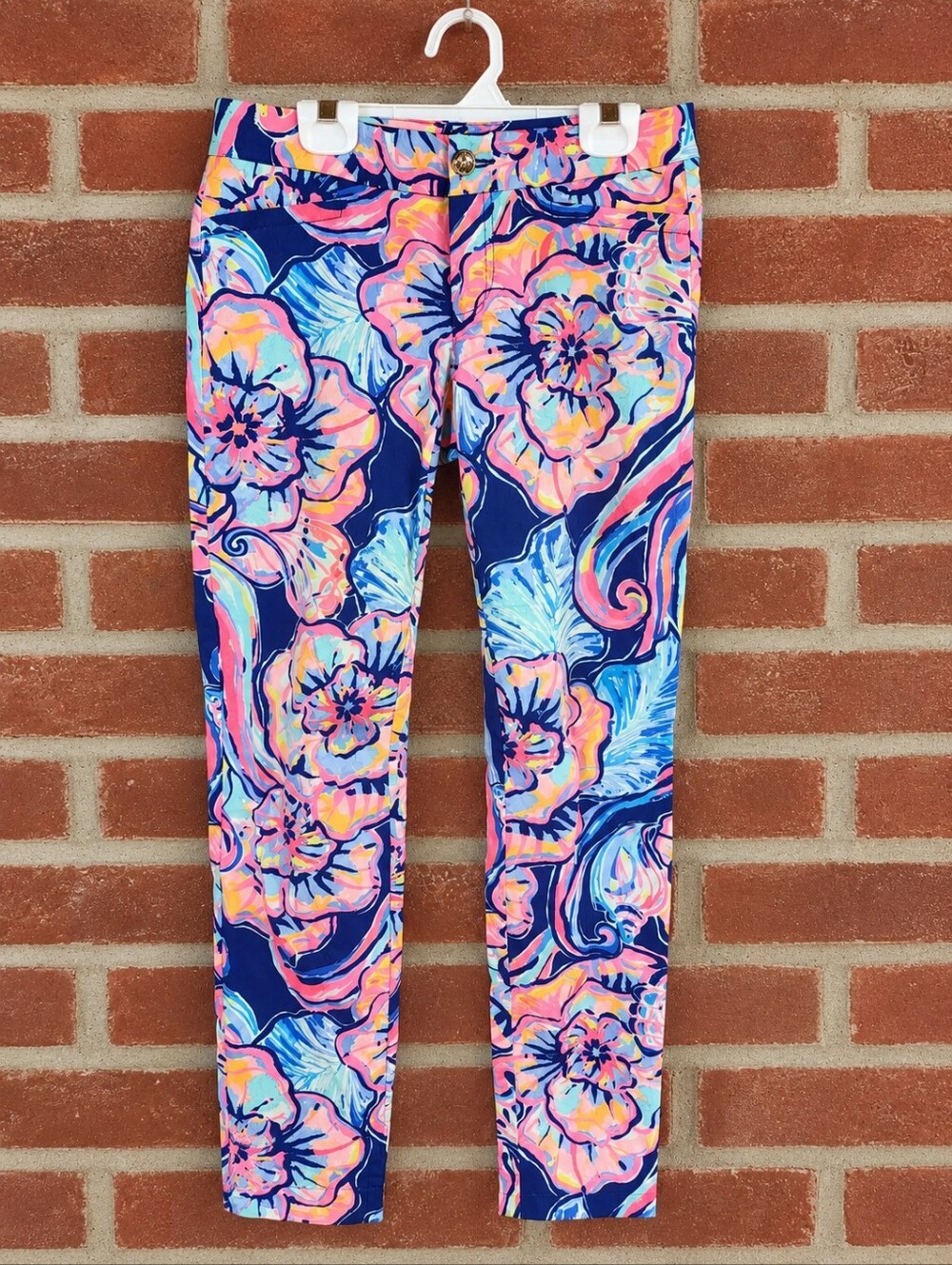 Lilly Pulitzer Floral Print Skinny Pants Size 00 Navy Pink Blue Stretch